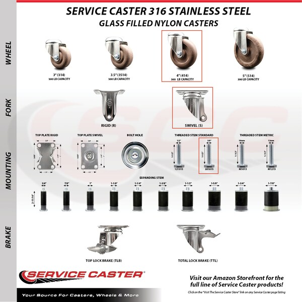Service Caster 4 Inch 316SS High Temp Glass Filled Nylon 3/8 Inch Threaded Stem Caster Set SCC SCC-SS316TS20S414-GFNSHT-381615-4 - main